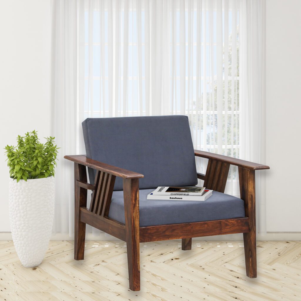 Sheesham Wood 1 Seater Sofa In Grey Colour