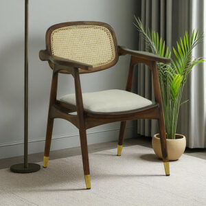 Modern Wooden Armrest Cane Chair – Sheesham Wood in Teak Finish
