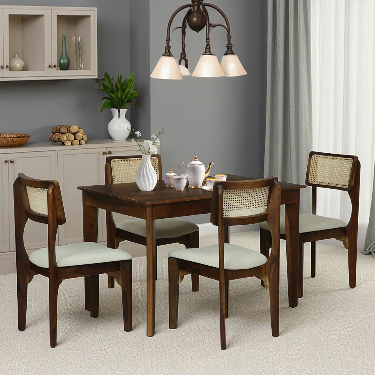 Dallas Sheesham Wood 4-Seater Dining Set – Cane Back Chairs & Solid ...