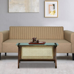 Kritika Sheesham Wood Cane Coffee Table with Curved Glass Top – Teak Finish